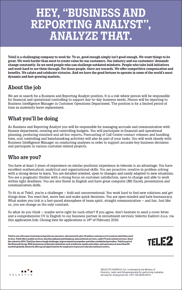 Business and Reporting Analyst (m/f) Grupa SELECTIO